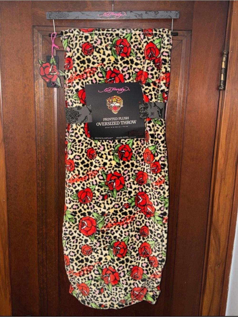 Ed Hardy Leopard Rose Print Plush Throw